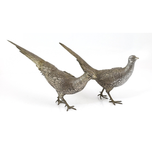 467 - A large pair of German 800 standard silver free standing model pheasants with articulated wings, c.1... 