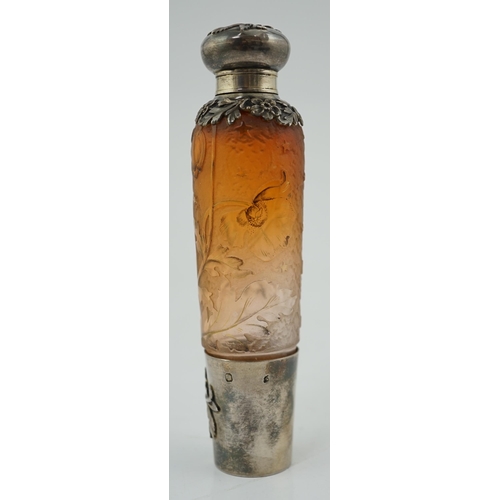 468 - A French 950 standard silver mounted Daum cameo glass absinthe bottle, decorated with flowers and gi... 