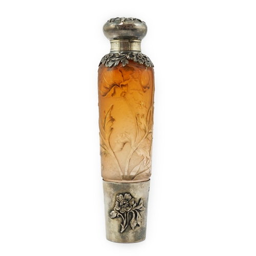 468 - A French 950 standard silver mounted Daum cameo glass absinthe bottle, decorated with flowers and gi... 