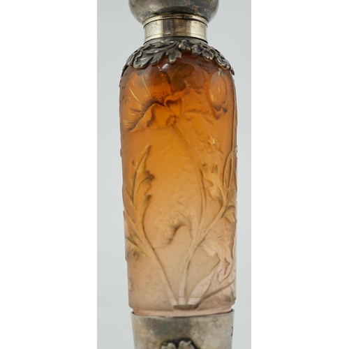 468 - A French 950 standard silver mounted Daum cameo glass absinthe bottle, decorated with flowers and gi... 