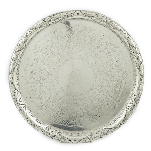 473 - A George V silver circular tray, by Walker & Hall, with raised curl over border and engraved decorat... 