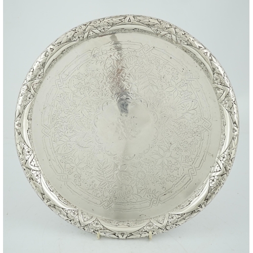 473 - A George V silver circular tray, by Walker & Hall, with raised curl over border and engraved decorat... 