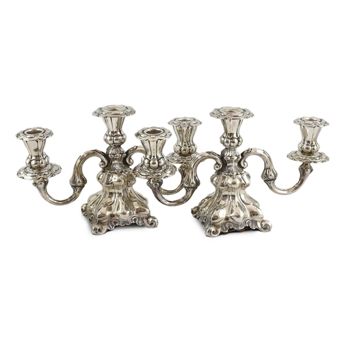 475 - A pair of 1940's Danish silver two branch, three light dwarf candelabra, by Hans Jensen & Co, with s... 