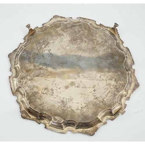 476 - A George VI silver salver, by A.E. Poston & Co Ltd, with pie crust foliate border, the base engraved... 