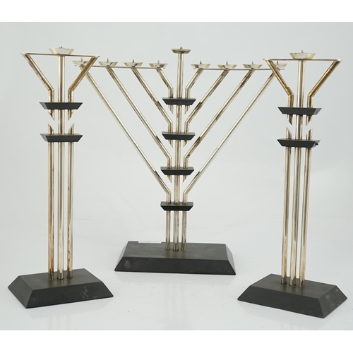 481 - An Elizabeth II silver mounted slate Hanukkah Menorah and a pair of matching candlesticks by Mariann... 