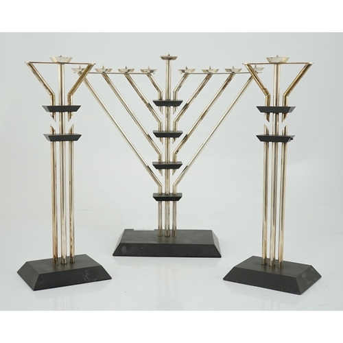 481 - An Elizabeth II silver mounted slate Hanukkah Menorah and a pair of matching candlesticks by Mariann... 