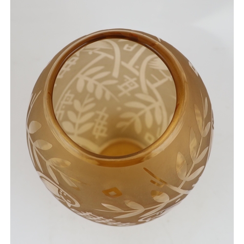 53 - A large Daum Oiseaux Grande amber tinted glass vase, etched with birds amid foliage, marked Daum ... 