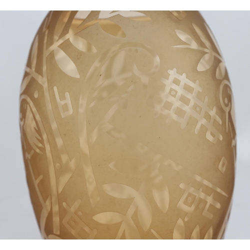 53 - A large Daum Oiseaux Grande amber tinted glass vase, etched with birds amid foliage, marked Daum ... 