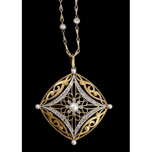 606 - A French Belle Epoque pierced 18k gold, seed pearl and rose cut diamond set pendant, on a French 18k... 