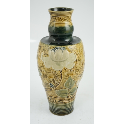 65 - Francis Pope for Doulton Lambeth, a stoneware vase decorated with stylised lotus flowers, petal moul... 