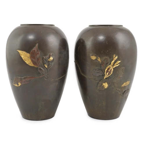 68 - A pair of Japanese bronze and mixed metal ovoid vases, Meiji period, one cast in relief and picked o... 