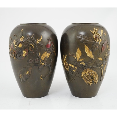 68 - A pair of Japanese bronze and mixed metal ovoid vases, Meiji period, one cast in relief and picked o... 