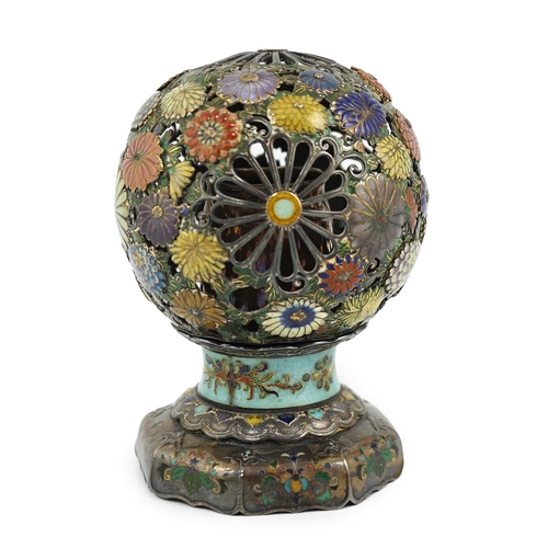 69 - A Japanese silver and enamel globe-shaped koro and cover, Meiji period, the globular cover decorated... 