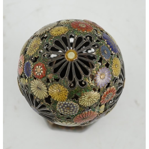 69 - A Japanese silver and enamel globe-shaped koro and cover, Meiji period, the globular cover decorated... 