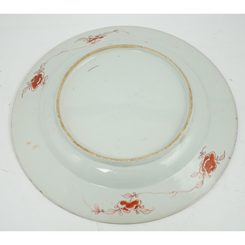 72 - A Chinese famille verte deer and crane dish, Kangxi period, painted with a deer and crane, a pine ... 