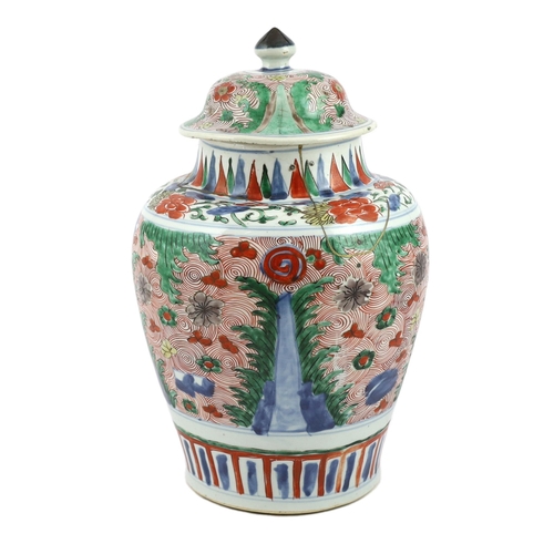 80 - A Chinese wucai ovoid vase and cover, Transitional, Shunzhi period, painted with auspicious objects ... 