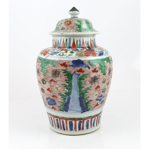 80 - A Chinese wucai ovoid vase and cover, Transitional, Shunzhi period, painted with auspicious objects ... 