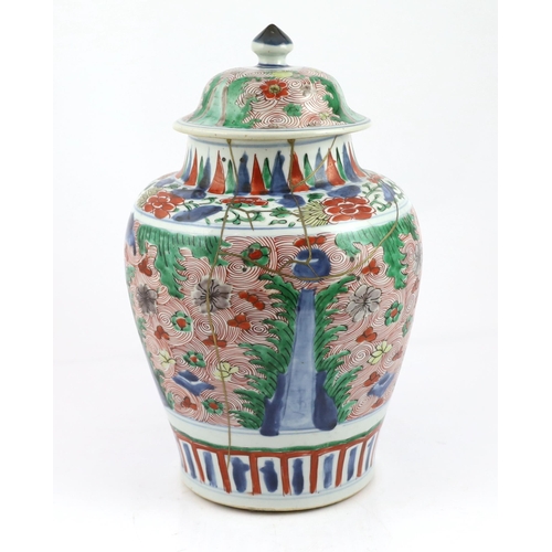 80 - A Chinese wucai ovoid vase and cover, Transitional, Shunzhi period, painted with auspicious objects ... 