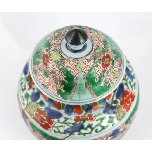 80 - A Chinese wucai ovoid vase and cover, Transitional, Shunzhi period, painted with auspicious objects ... 