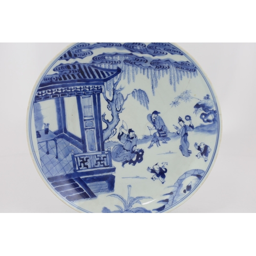 82 - A Chinese blue and white dish, Kangxi period, painted with musicians and a dancer in a pavilion gard... 