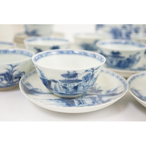 86 - A set of twenty four Chinese Nanking Cargo blue and white large pagoda tea bowls and saucers, Qian... 