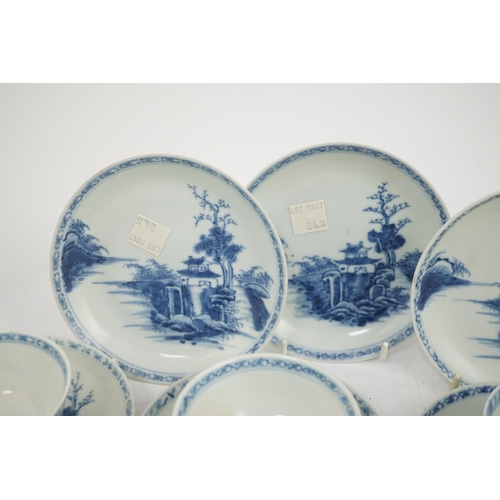 86 - A set of twenty four Chinese Nanking Cargo blue and white large pagoda tea bowls and saucers, Qian... 