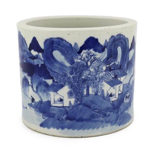 89 - A Chinese blue and white landscape cylindrical brushpot, bitong, 19th century, painted with figure... 
