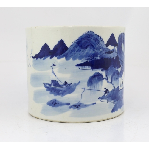 89 - A Chinese blue and white landscape cylindrical brushpot, bitong, 19th century, painted with figure... 