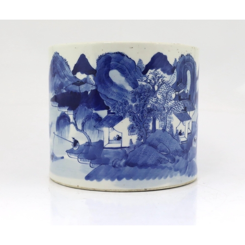 89 - A Chinese blue and white landscape cylindrical brushpot, bitong, 19th century, painted with figure... 