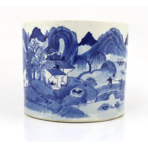 89 - A Chinese blue and white landscape cylindrical brushpot, bitong, 19th century, painted with figure... 