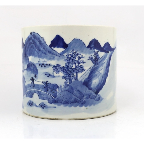 89 - A Chinese blue and white landscape cylindrical brushpot, bitong, 19th century, painted with figure... 