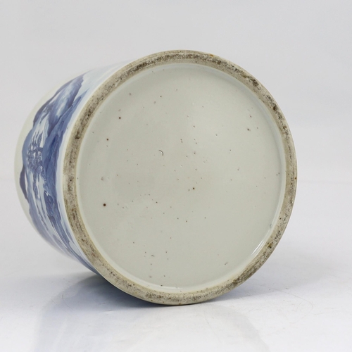 89 - A Chinese blue and white landscape cylindrical brushpot, bitong, 19th century, painted with figure... 