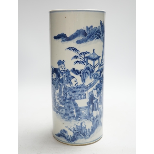 90 - A Chinese blue and white sages cylindrical brushpot, 19th century, painted with three sages in a g... 