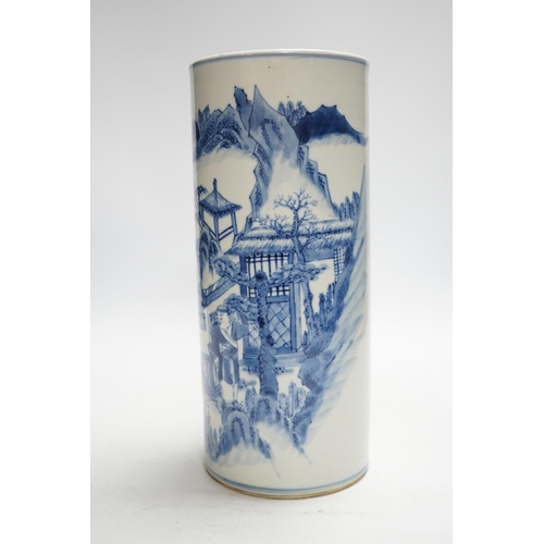 90 - A Chinese blue and white sages cylindrical brushpot, 19th century, painted with three sages in a g... 