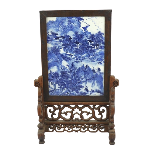 94 - A Chinese blue and white landscape table screen, late 19th century, painted with figures in a moun... 