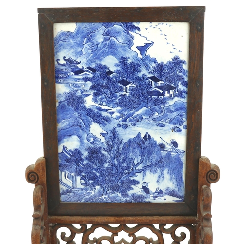 94 - A Chinese blue and white landscape table screen, late 19th century, painted with figures in a moun... 