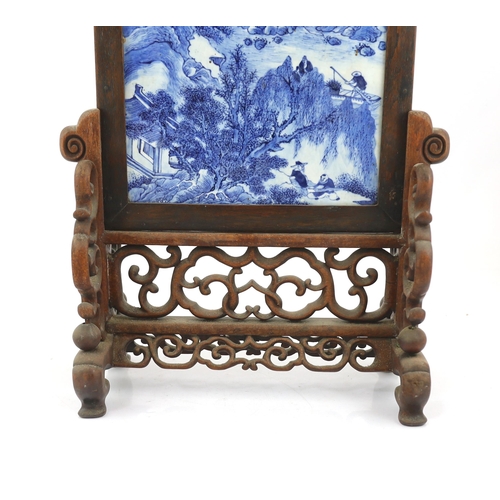 94 - A Chinese blue and white landscape table screen, late 19th century, painted with figures in a moun... 