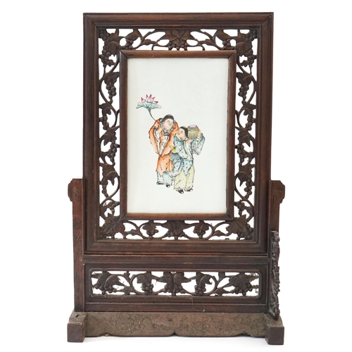 95 - A Chinese enamelled porcelain and hardwood table screen Republic period, painted with the HeHe Erxia... 