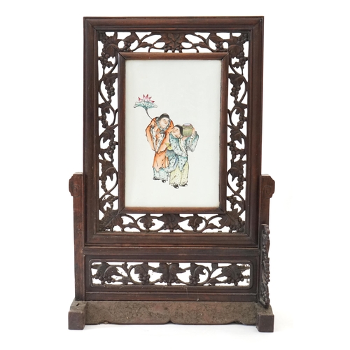95 - A Chinese enamelled porcelain and hardwood table screen Republic period, painted with the HeHe Erxia... 
