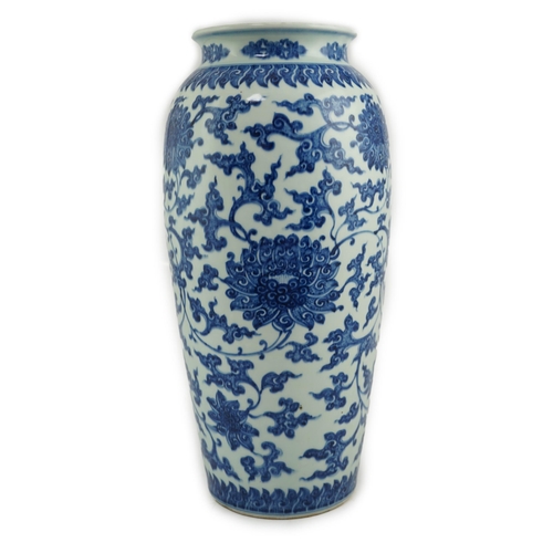 97 - A large Chinese blue and white 'lotus' vase, late Qing dynasty, painted with lotus flowers, scrollin... 