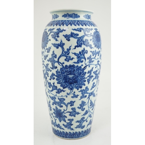 97 - A large Chinese blue and white 'lotus' vase, late Qing dynasty, painted with lotus flowers, scrollin... 