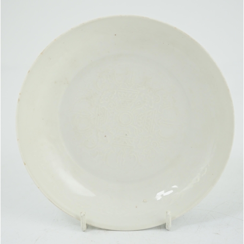 99 - A Chinese moulded white glazed saucer dish, Yongle mark, Republic period, the centre moulded with a ... 