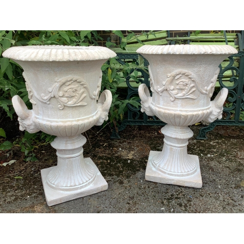 1019 - A pair of composition faux marble campana garden urns, width 48cm, height 73cm. Condition - good... 
