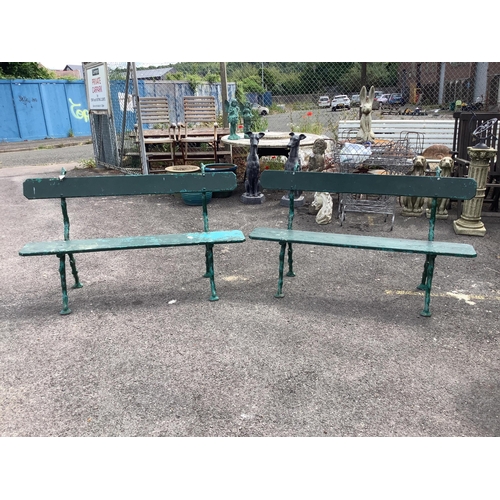 1021 - A pair of Coalbrookdale style painted cast metal garden benches, width 150cm, depth 50cm, height 91c... 