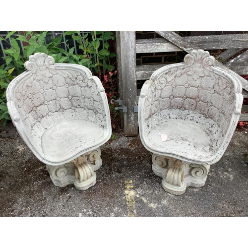 1027 - A pair of reconstituted stone garden seats, width 55cm, depth 44cm, height 84cm. Condition - good... 