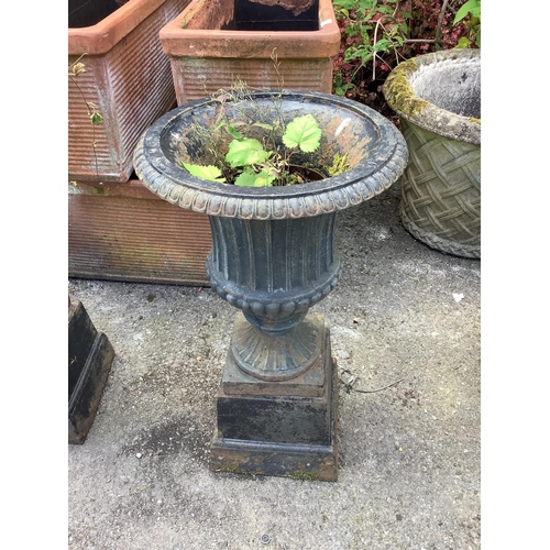 1034 - A pair of Victorian style circular black painted cast iron campana urns on stands, diameter 38cm, he... 