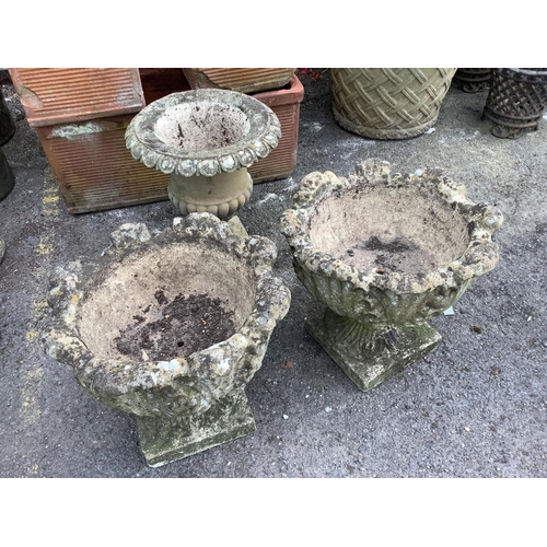 1036 - A pair of garden urns and another, larger diameter 46cm, height 40cm. Condition - fair