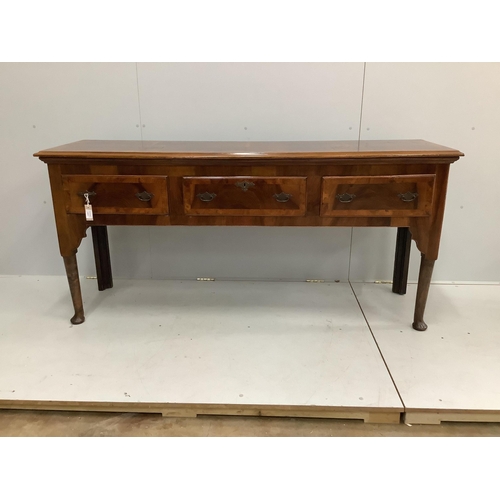 1058 - A George II style elm and burr walnut banded low dresser, width 182cm, depth 51cm, height 85cm. Cond... 