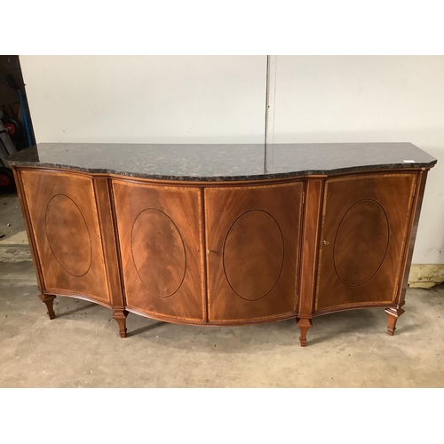 1065 - A reproduction marble top serpentine mahogany sideboard, width 181cm, depth 60cm, height 90cm. Condi... 