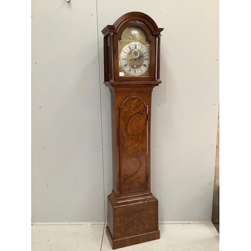 1077 - A George II and later burr walnut eight day longcase clock by Edward Croft, London, height 214cm. Co... 